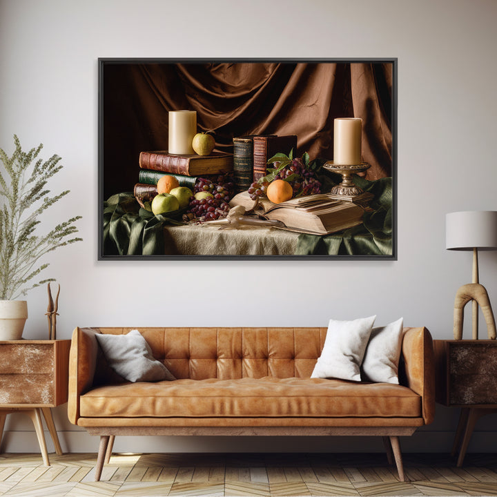 Still Life of Books Candle and Fruit Canvas Print, Traditional Art, Gallery Decor, Living Room Decor, Fine Art, Classic, TRA-3x2-48