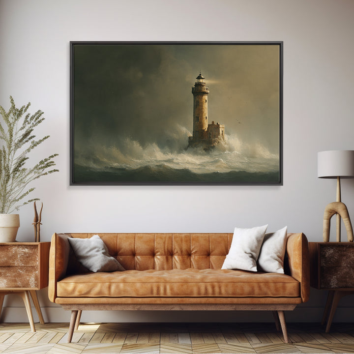 Lighthouse with Crashing Waves Canvas Print, Traditional Art, Neutral Decor, Living Room Decor, Fine Art, Classic, Home Decor, TRA-3x2-49
