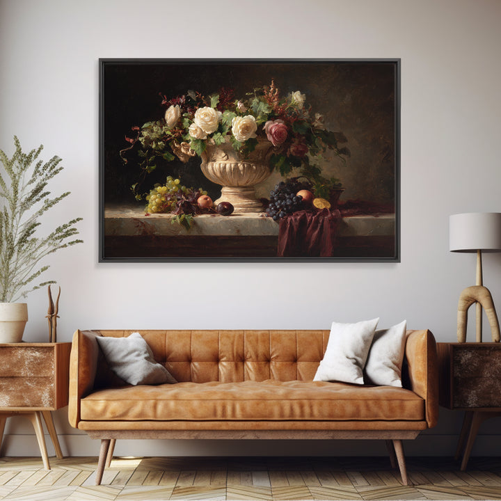 Garden Urn with Roses and Ivy Canvas Print, Traditional Art, Landscape, Living Room Decor, Fine Art, Classic, Textured Painting, TRA-3x2-52