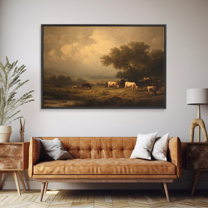Pastoral Countryside with Cows in Field Framed Canvas Print, Traditional Art, Living Room Decor, Oil Painting, Classic, TRA-3x2-59