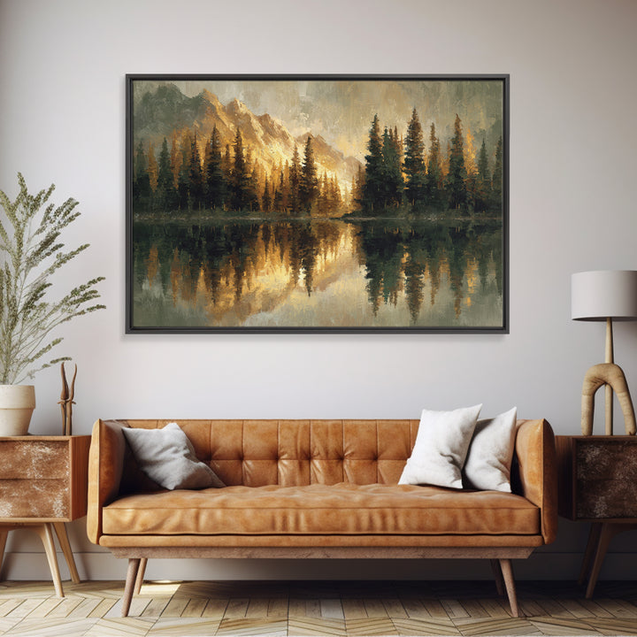 Mountain Lake with Pine Forest Reflection Canvas Print, Traditional Art, Dark Art, Living Room Decor, Fine Art, Classic, TRA-3x2-61