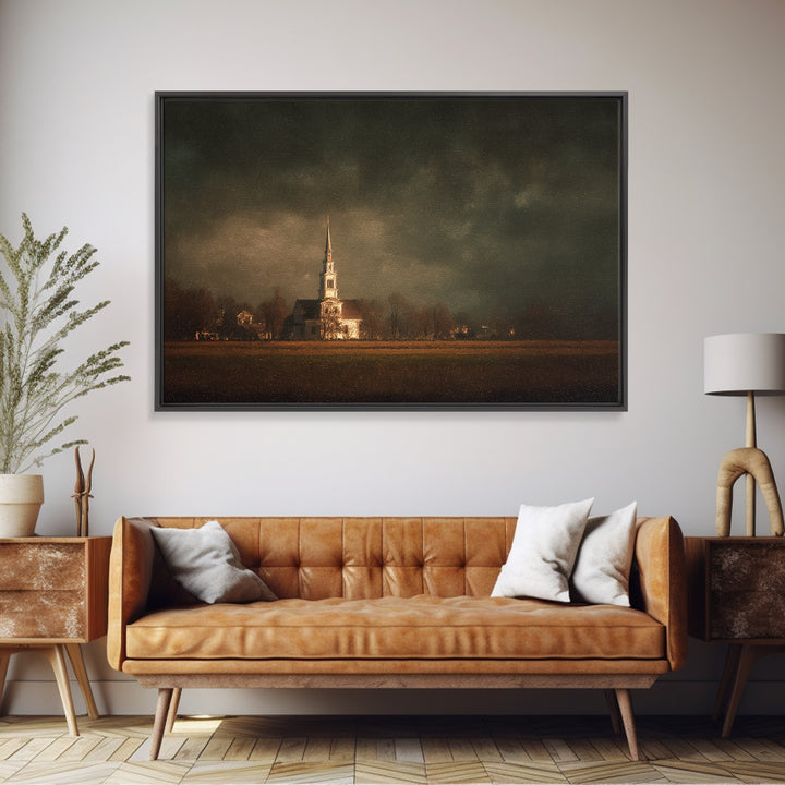 Church Steeple Across Rural Meadow Framed Canvas Print, Traditional Art, Pokemon Poster, Living Room Decor, Watercolor Art, TRA-3x2-65
