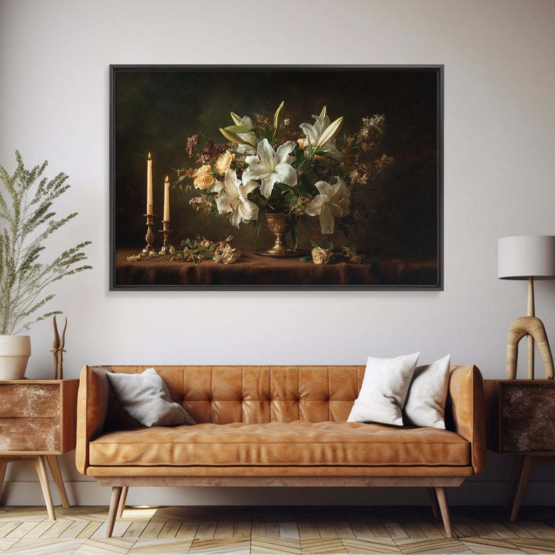 White Lilies on Dark Background Canvas Print, Traditional Art, Canvas, Living Room Decor, Watercolor Art, Classic, Furry Art, TRA-3x2-67