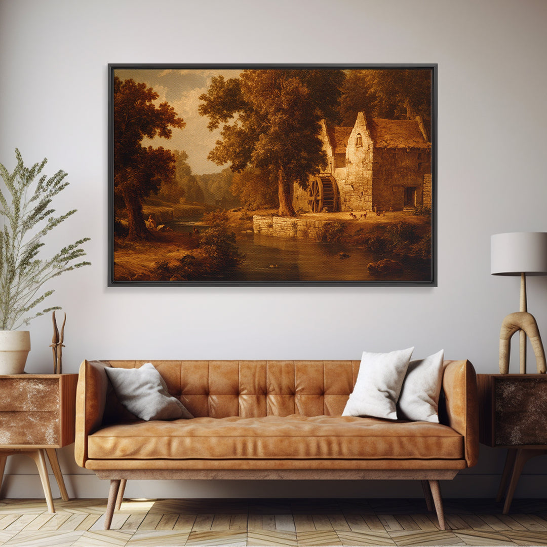 Watermill Beside a Quiet Stream Framed Canvas Print, Traditional Art, Gallery Decor, Living Room Decor, Fine Art, Classic, TRA-3x2-69