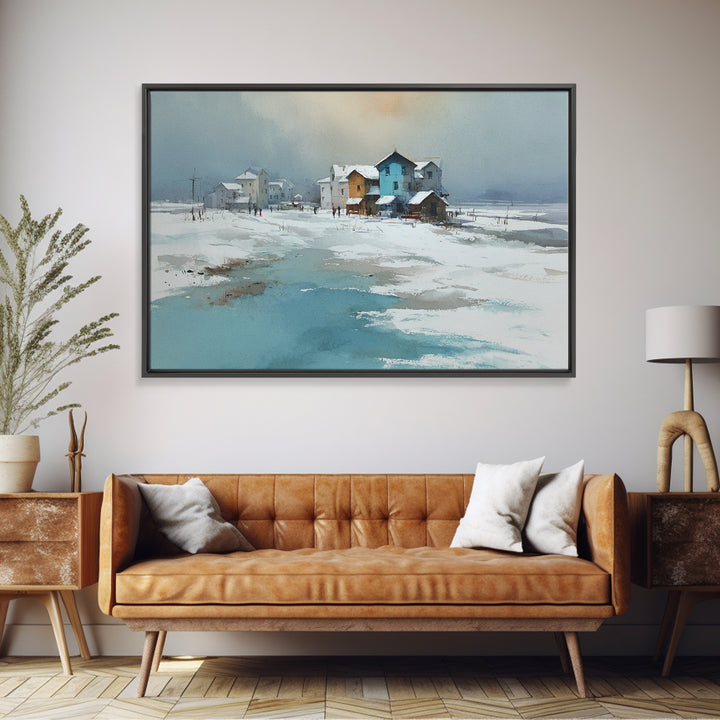 Snowy Village Landscape at Twilight Framed Canvas Print, Traditional Art, Pokemon Poster, Living Room Decor, Watercolor Art, TRA-3x2-71