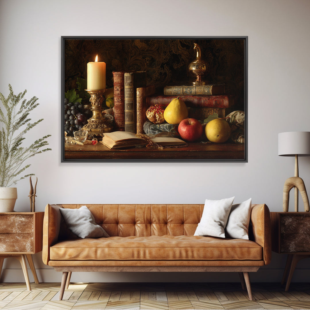 Still Life of Books Candle and Fruit Canvas Print, Traditional Art, Contemporary Art, Living Room Decor, Fine Art, Classic, TRA-3x2-72