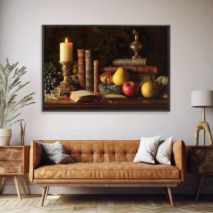 Still Life of Books Candle and Fruit Canvas Print, Traditional Art, Contemporary Art, Living Room Decor, Fine Art, Classic, TRA-3x2-72