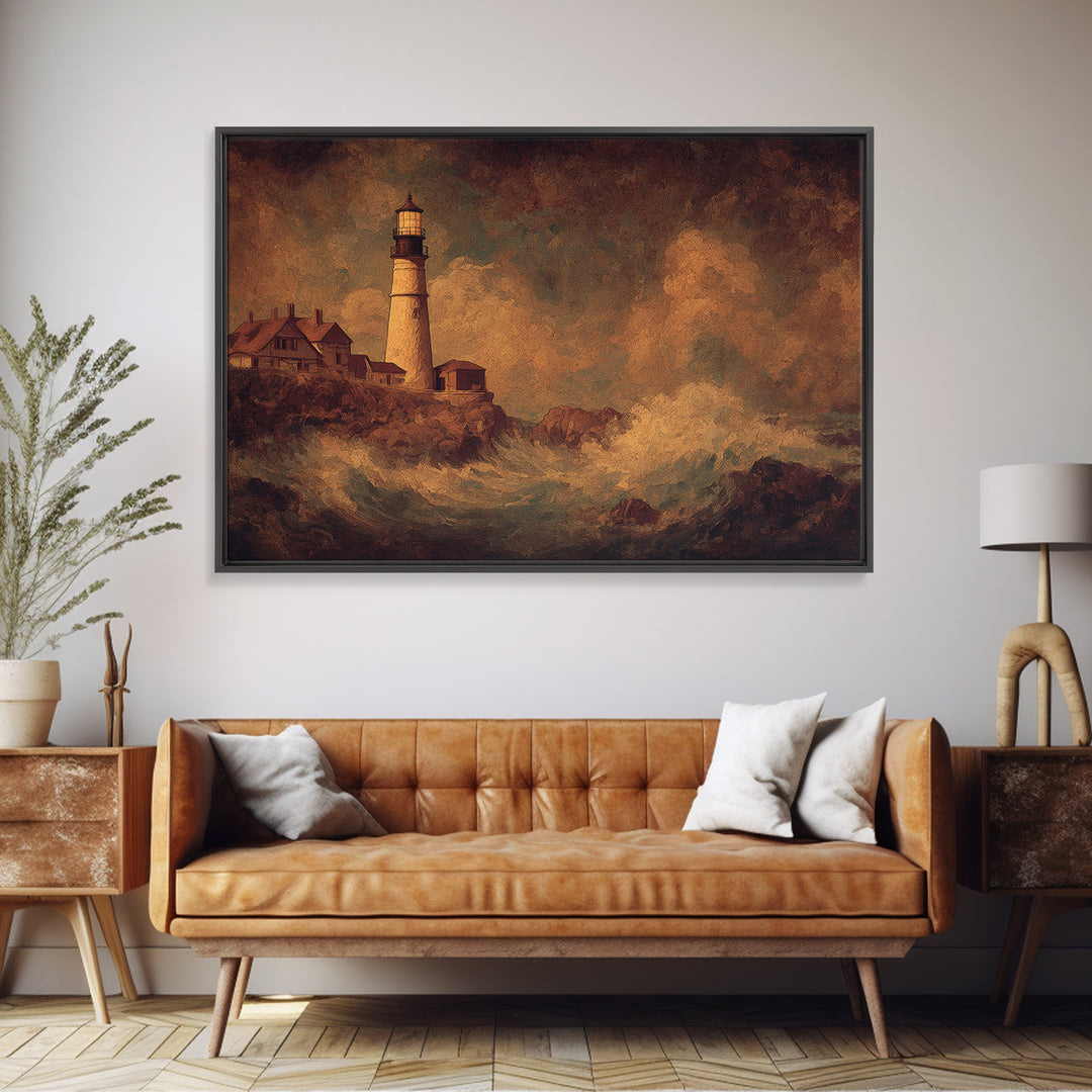 Lighthouse with Crashing Waves Canvas Print, Traditional Art, Neutral Decor, Living Room Decor, Fine Art, Classic, Home Decor, TRA-3x2-73