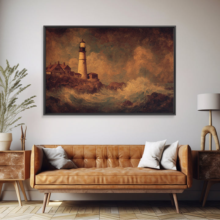 Lighthouse with Crashing Waves Canvas Print, Traditional Art, Neutral Decor, Living Room Decor, Fine Art, Classic, Home Decor, TRA-3x2-73