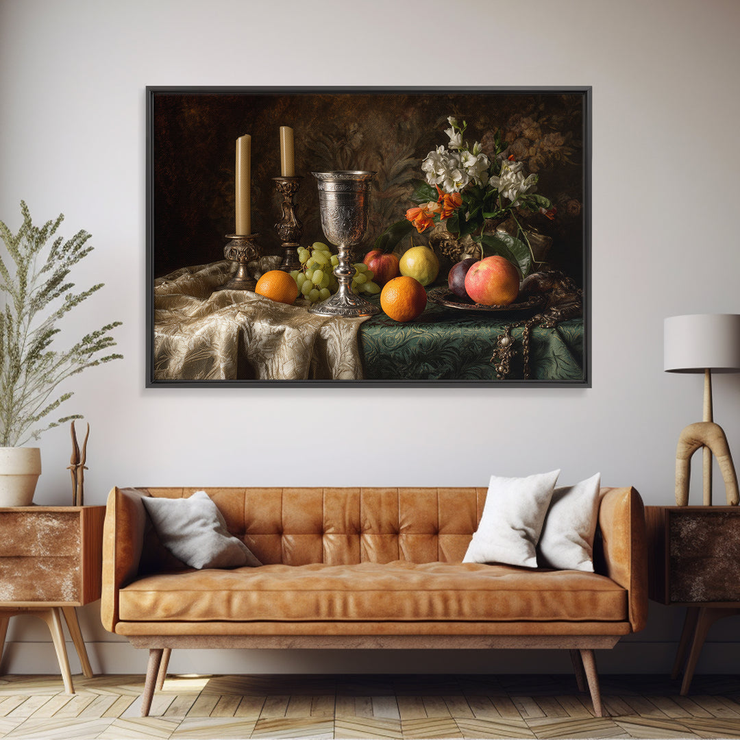 Dutch Fruit and Silver Goblet Still Life Framed Canvas Print, Traditional Art, Living Room Decor, Watercolor Art, Classic, TRA-3x2-80