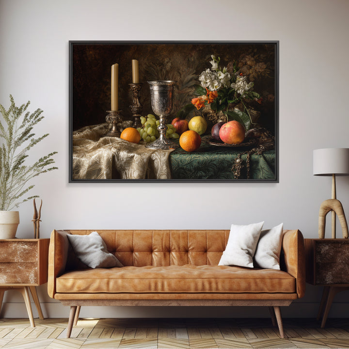 Dutch Fruit and Silver Goblet Still Life Framed Canvas Print, Traditional Art, Living Room Decor, Watercolor Art, Classic, TRA-3x2-80