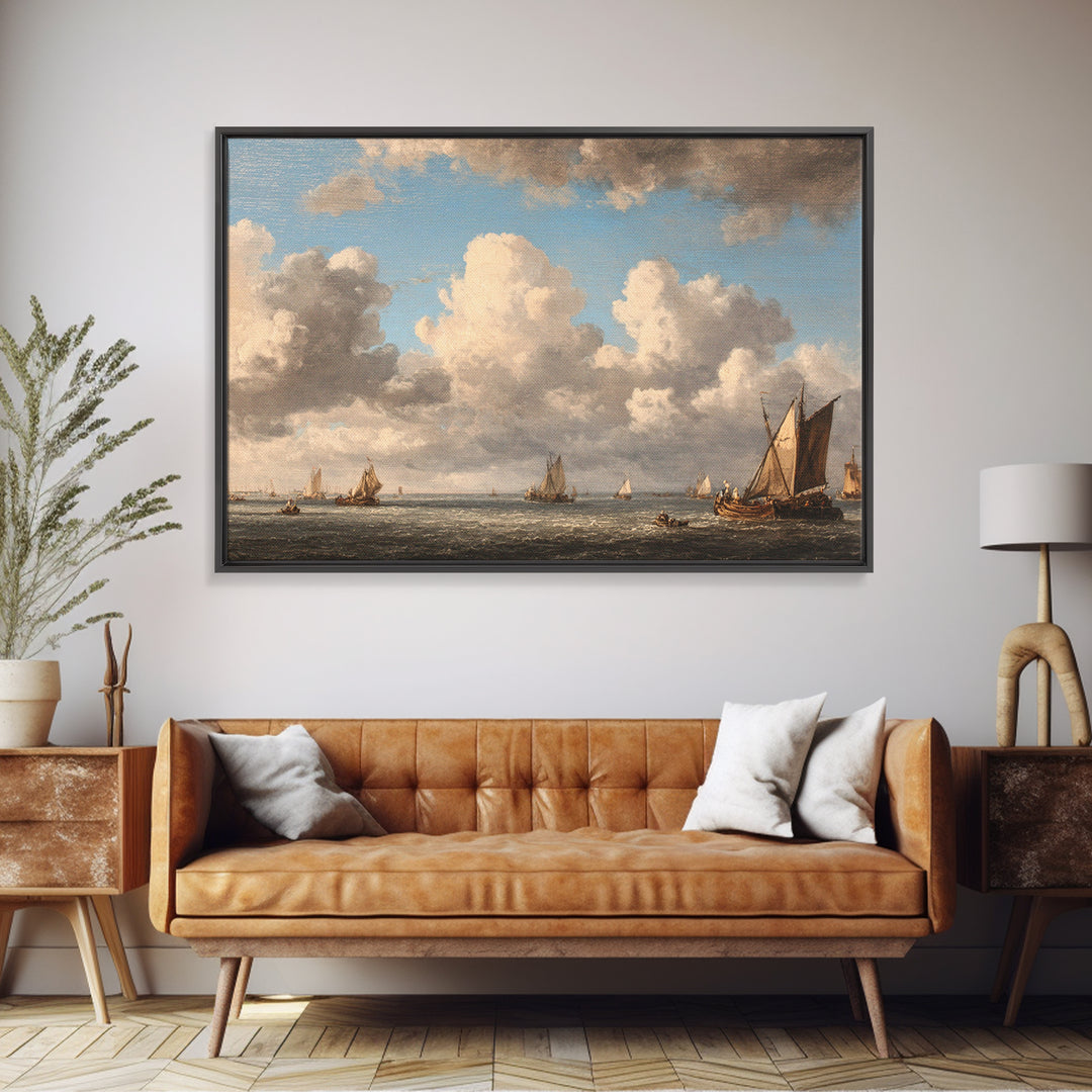 Seascape with Sailboats and Cloudy Sky Framed Canvas Print, Traditional Art, Fine Art Print, Living Room Decor, Classic, TRA-3x2-81