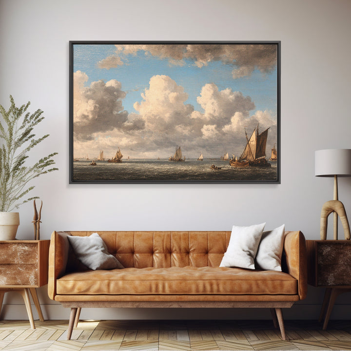 Seascape with Sailboats and Cloudy Sky Framed Canvas Print, Traditional Art, Fine Art Print, Living Room Decor, Classic, TRA-3x2-81