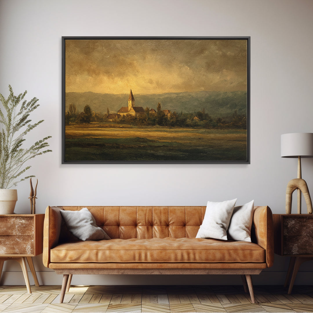 Church Steeple Across Rural Meadow Canvas Print, Traditional Art, Boho Decor, Living Room Decor, Fine Art, Classic, Painting, TRA-3x2-89