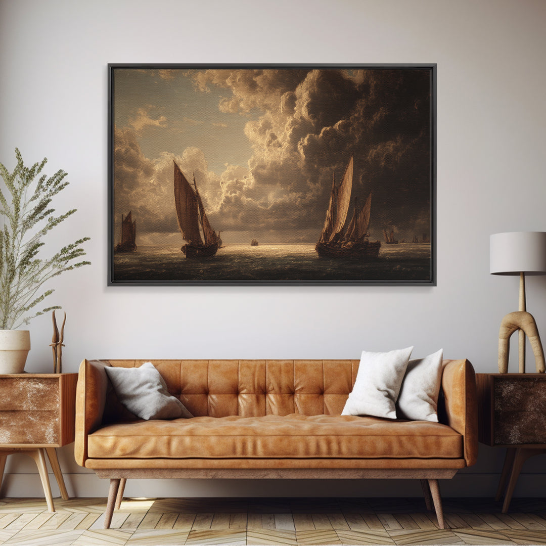 Seascape with Sailboats and Cloudy Sky Framed Canvas Print, Traditional Art, Watercolor Art, Living Room Decor, Classic, TRA-3x2-9