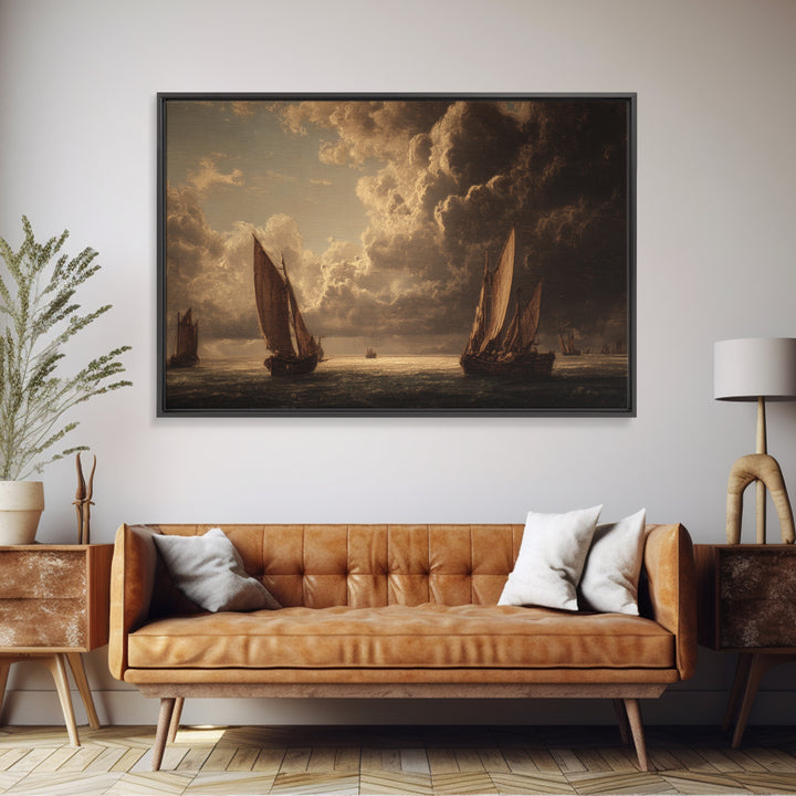 Seascape with Sailboats and Cloudy Sky Framed Canvas Print, Traditional Art, Watercolor Art, Living Room Decor, Classic, TRA-3x2-9