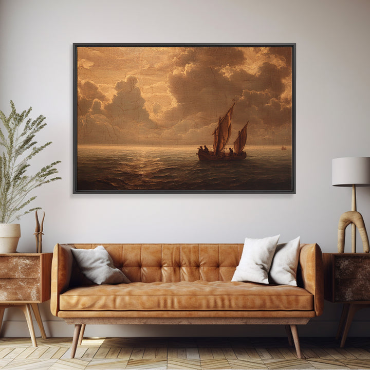 Ship at Sea Framed Canvas Print, Traditional Art, Indian Decor, Living Room Decor, Fine Art, Classic, Luxury Decor, TRA-3x2-90