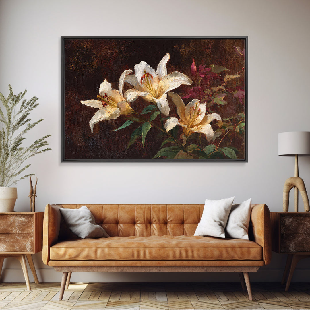 White Lilies on Dark Background Framed Canvas Print, Traditional Art, Digital Print, Living Room Decor, Oil Painting, Classic, TRA-3x2-91