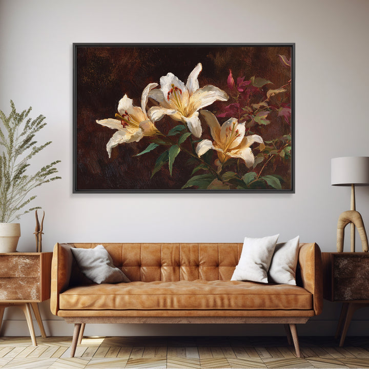 White Lilies on Dark Background Framed Canvas Print, Traditional Art, Digital Print, Living Room Decor, Oil Painting, Classic, TRA-3x2-91