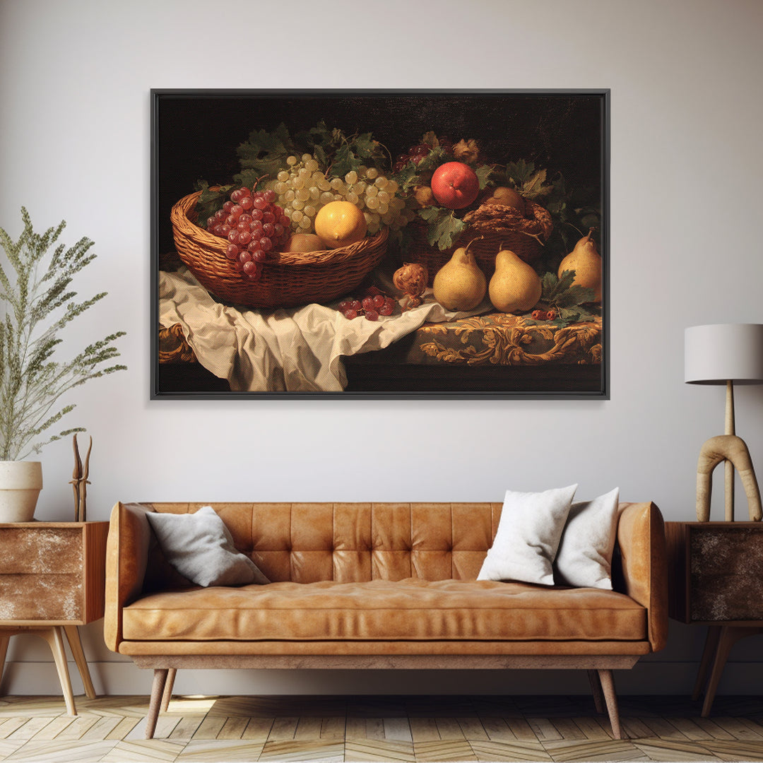 Basket of Apples and Pears on Linen Canvas Print, Traditional Art, Landscape, Living Room Decor, Fine Art, Classic, TRA-3x2-94