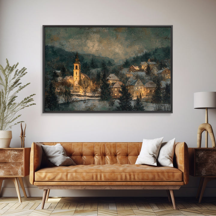 Snowy Village Landscape at Twilight Framed Canvas Print, Traditional Art, Art Commission, Living Room Decor, Fine Art, Classic, TRA-3x2-95