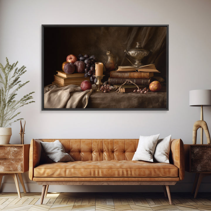 Still Life of Books Candle and Fruit Framed Canvas Print, Traditional Art, Painting, Living Room Decor, Fine Art, Classic, TRA-3x2-96