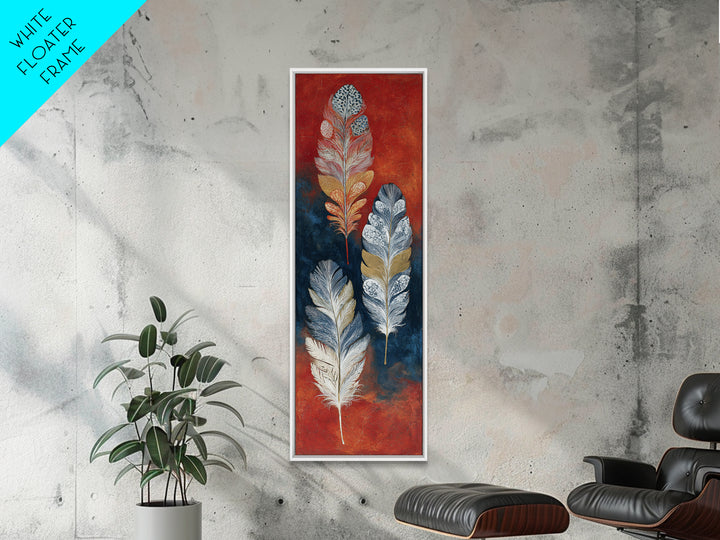 Feather Arrangement with Red Ochre Background Canvas Print, Tribal Art, Neutral Decor, Living Room Decor, Oil Painting, Tribal, TRI-1x3-55