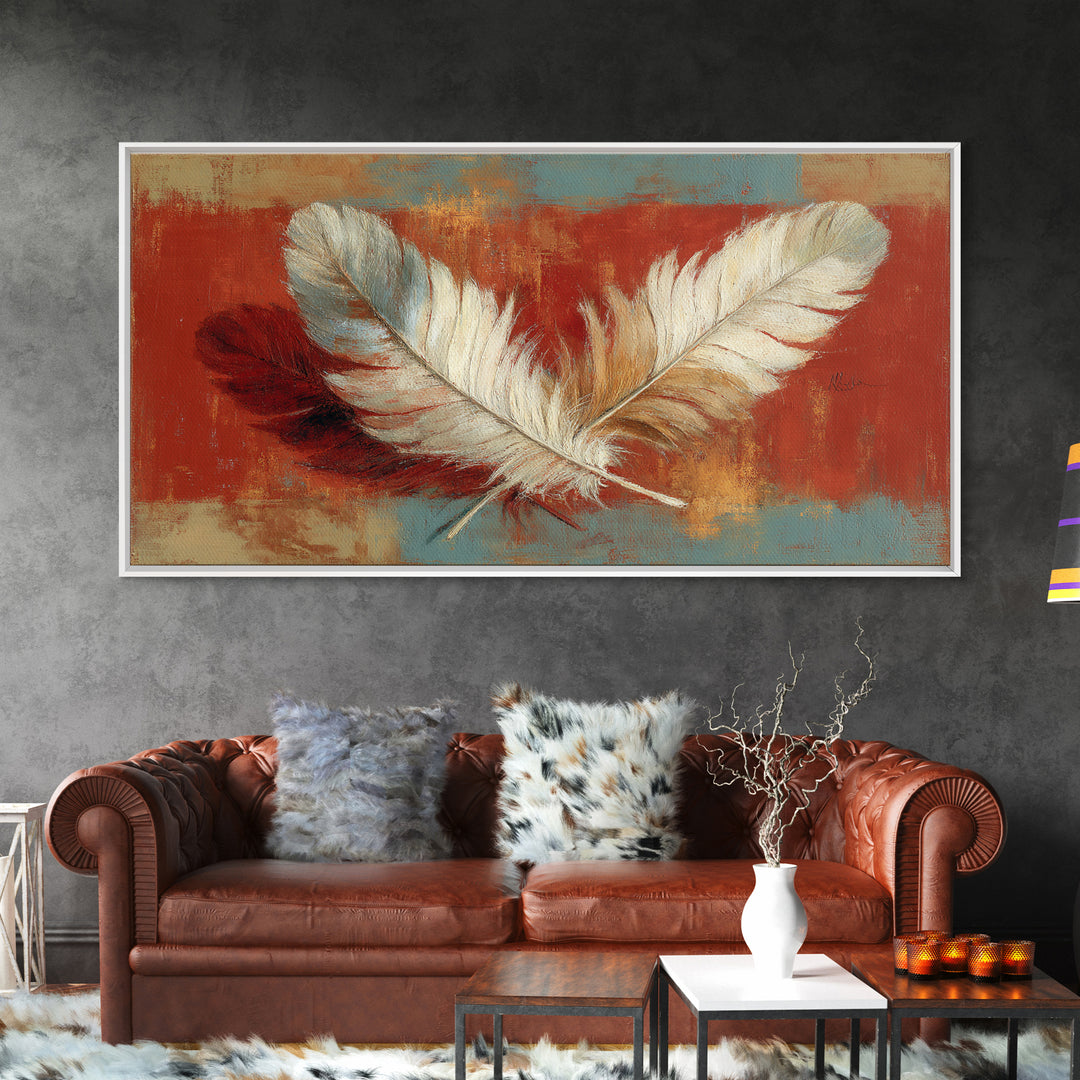 Feather Arrangement with Red Ochre Background Framed Canvas Print, Tribal Art, Living Room Decor, Watercolor Art, Tribal, TRI-2x1-15
