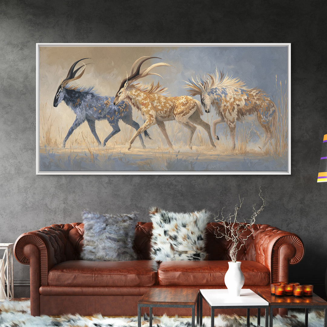 Ancient Cave Art Running Animals Framed Canvas Print, Tribal Art, Gallery Wall Art, Living Room Decor, Watercolor Art, Tribal, TRI-2x1-5