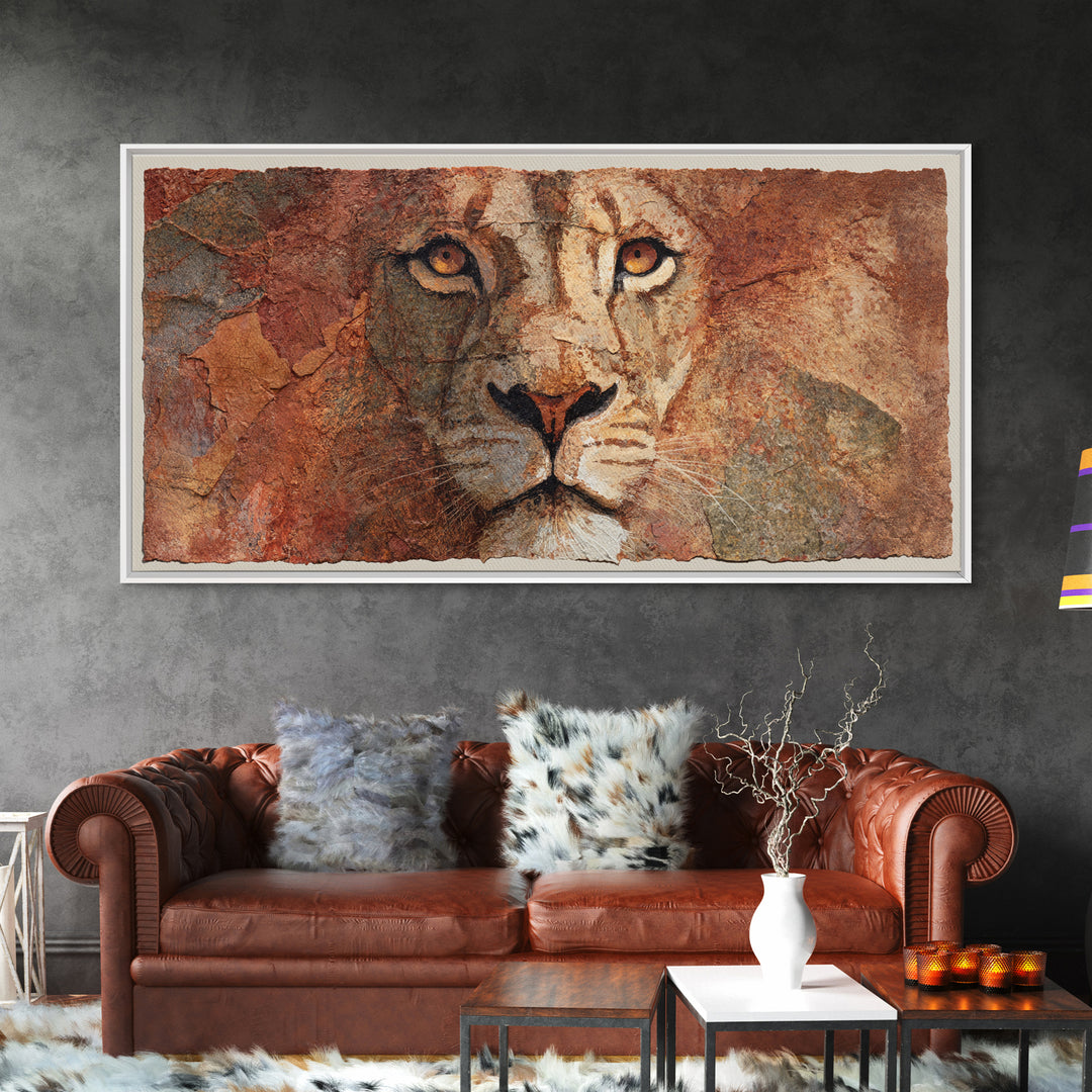 Lion Mask Abstraction Framed Canvas Print, Tribal Art, Living Room Decor, Tribal, Rustic Home Decor, Black and White Art, TRI-2x1-60