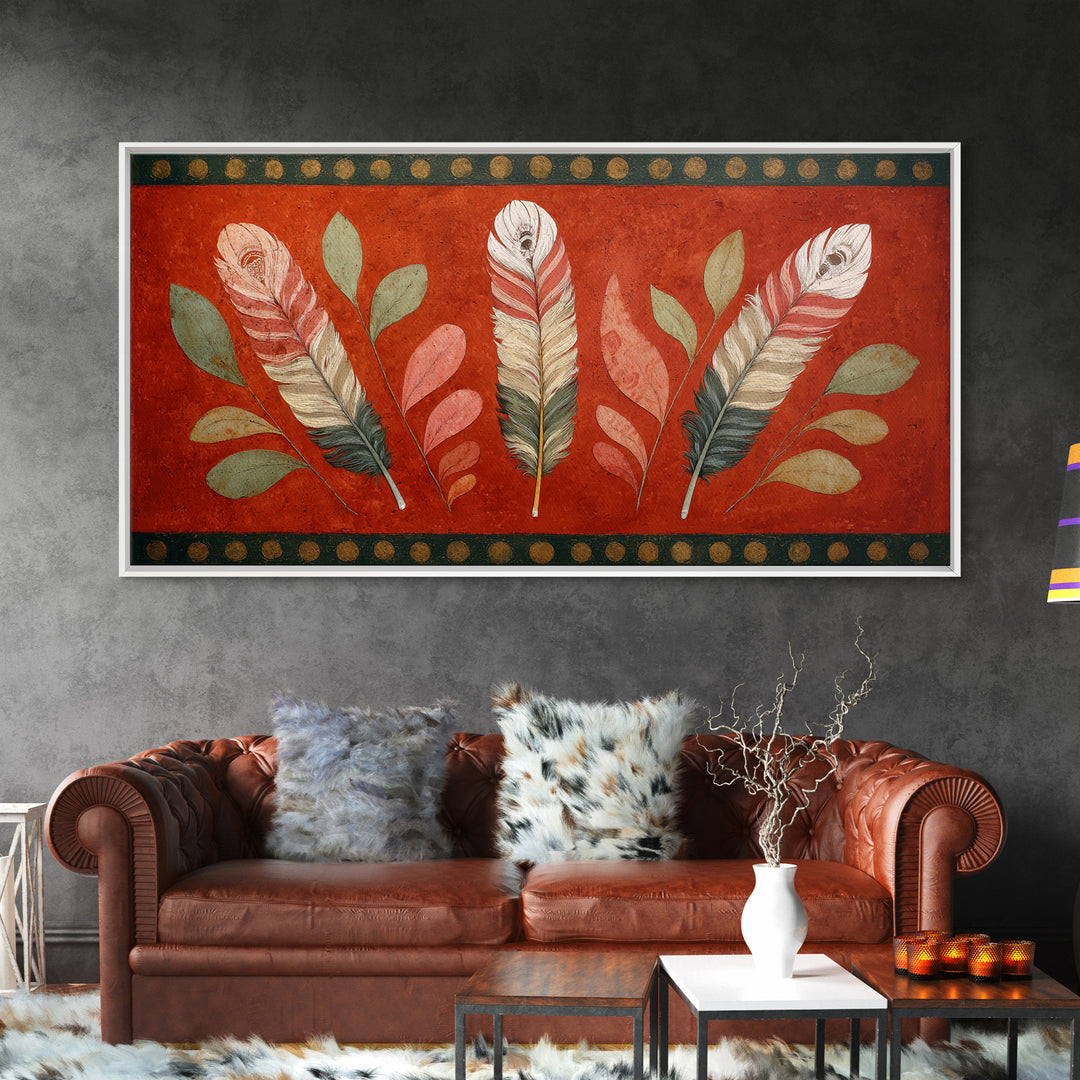 Feather Arrangement with Red Ochre Background Canvas Print, Tribal Art, Black and White Art, Living Room Decor, Tribal, TRI-2x1-63