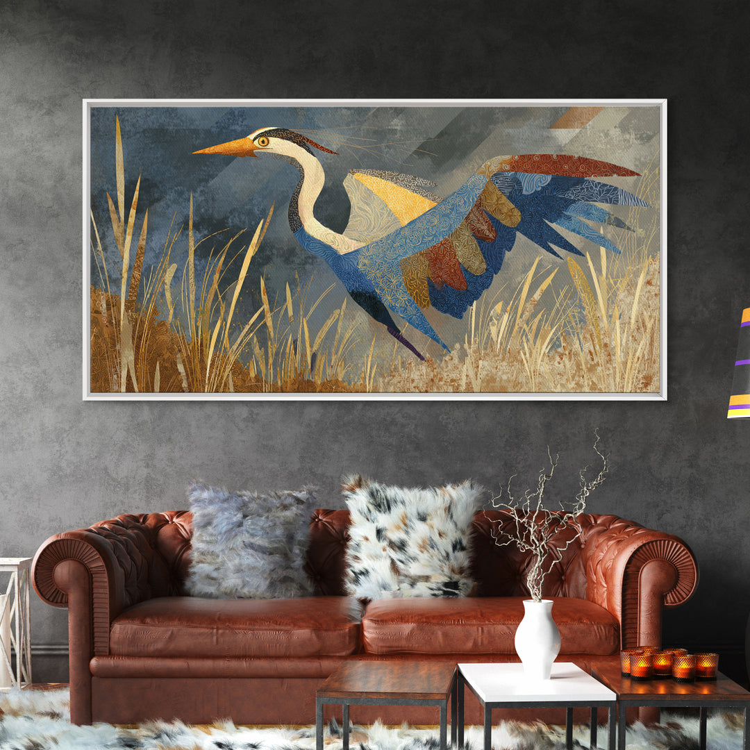 Totemic Bird with Patterned Wings Framed Canvas Print, Tribal Art, Gallery Wall Art, Living Room Decor, Oil Painting, Tribal, TRI-2x1-92