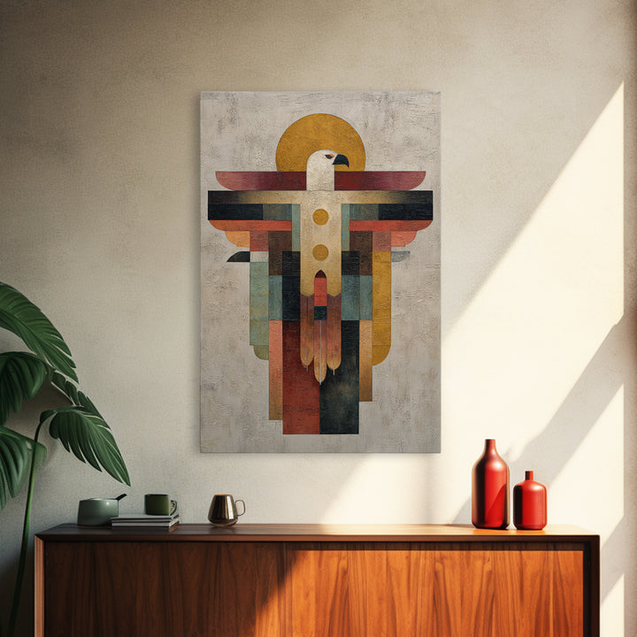 Eagle Totem with Feathers and Geometric Shapes Framed Canvas Print, Tribal Art, Living Room Decor, Abstract Art, Tribal, TRI-2x3-44