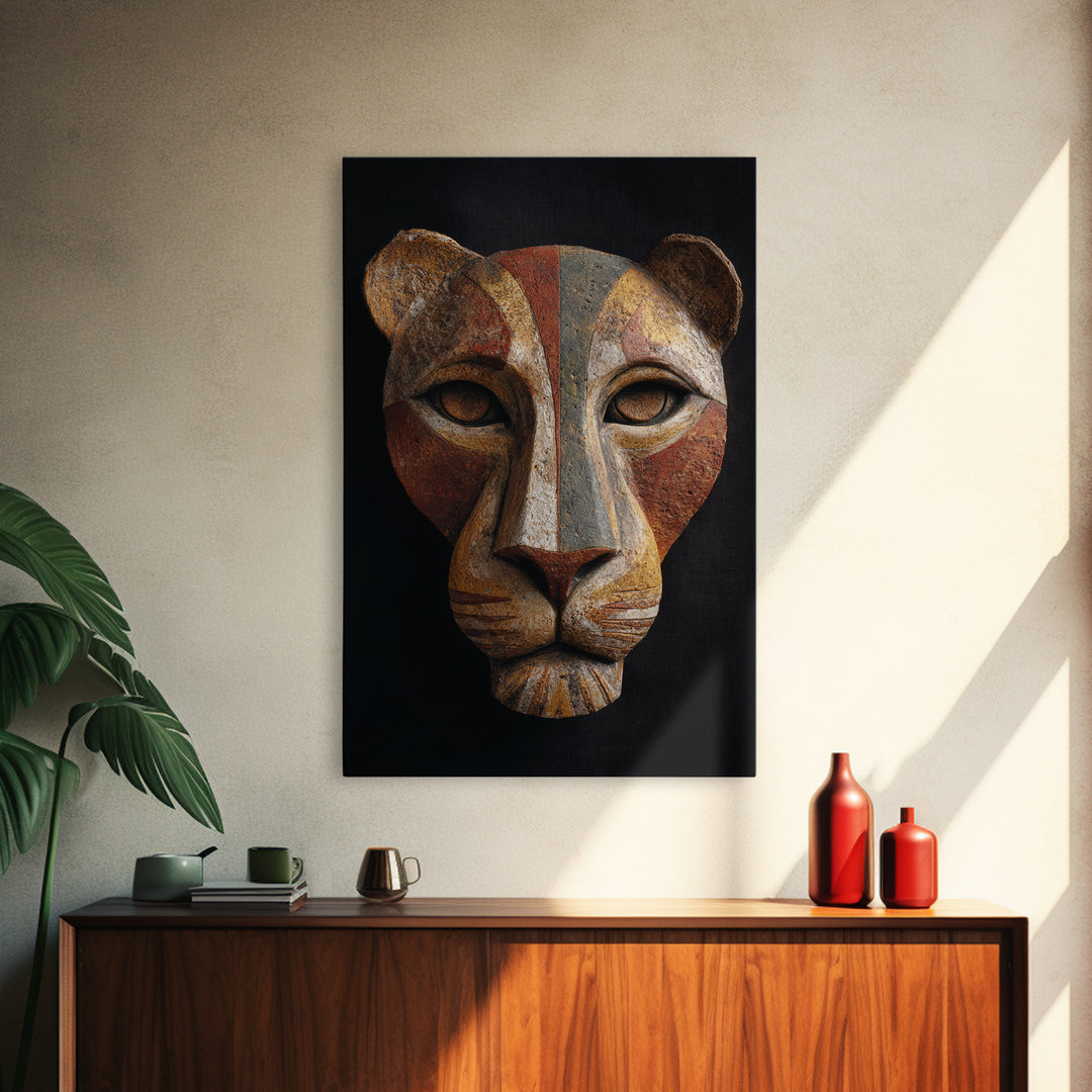 Lion Mask Abstraction Framed Canvas Print, Tribal Art, Boho Wall Decor, Living Room Decor, Abstract Art, Tribal, Fine Art, TRI-2x3-48