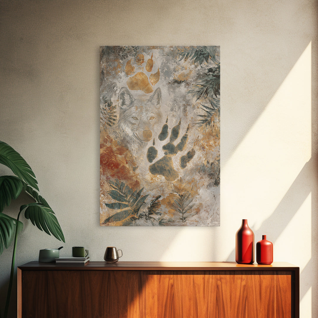 Handprint and Animal Track Composition Framed Canvas Print, Tribal Art, Earthy, Living Room Decor, Fine Art, Tribal, TRI-2x3-73