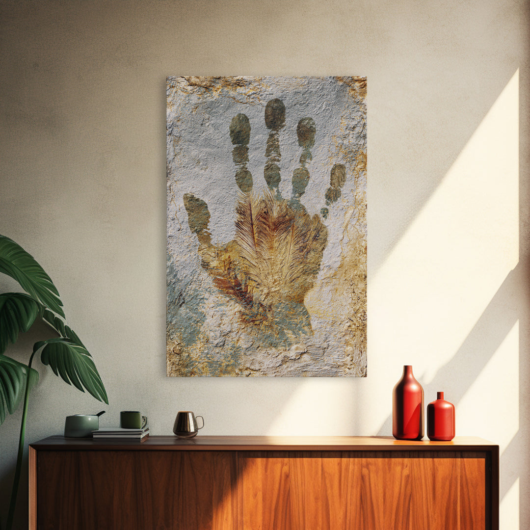 Handprint and Animal Track Composition Framed Canvas Print, Tribal Art, Earthy, Living Room Decor, Fine Art, Tribal, TRI-2x3-97