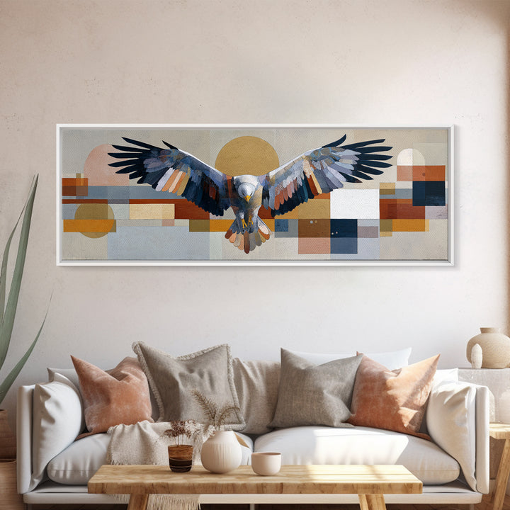Eagle Totem with Feathers and Geometric Shapes Canvas Print, Tribal Art, Southwestern Decor, Living Room Decor, Abstract Art, TRI-3x1-4