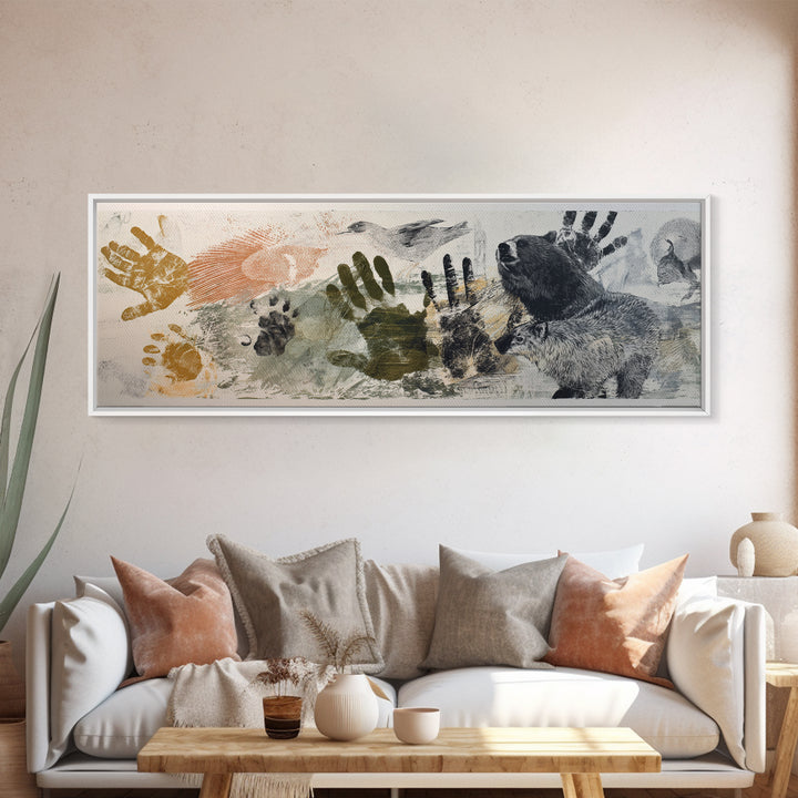 Handprint and Animal Track Composition Framed Canvas Print, Tribal Art, Statement Artwork, Living Room Decor, Fine Art, Tribal, TRI-3x1-57