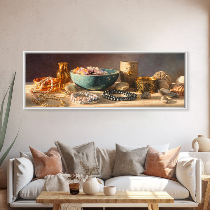 Beaded Jewelry Still Life Framed Canvas Print, Tribal Art, Tribal Design, Living Room Decor, Oil Painting, Tribal, TRI-3x1-74