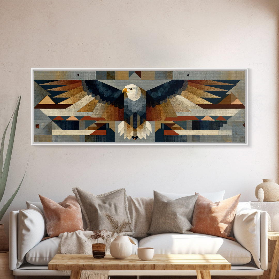 Eagle Totem with Feathers and Geometric Shapes Canvas Print, Tribal Art, Original Painting, Living Room Decor, Fine Art, Tribal, TRI-3x1-76