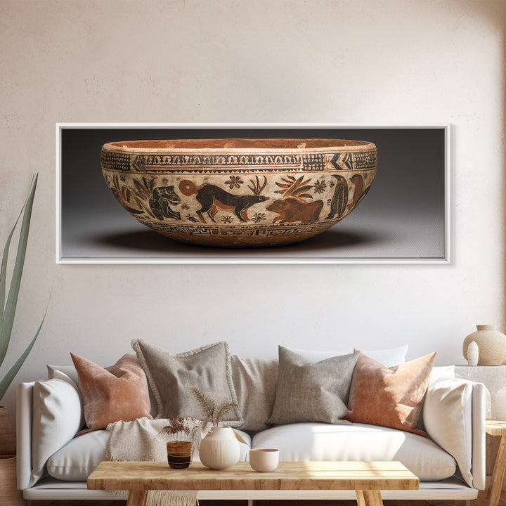Clay Pottery Vessel Framed Canvas Print, Tribal Art, Native American Art, Living Room Decor, Oil Painting, Tribal, TRI-3x1-79