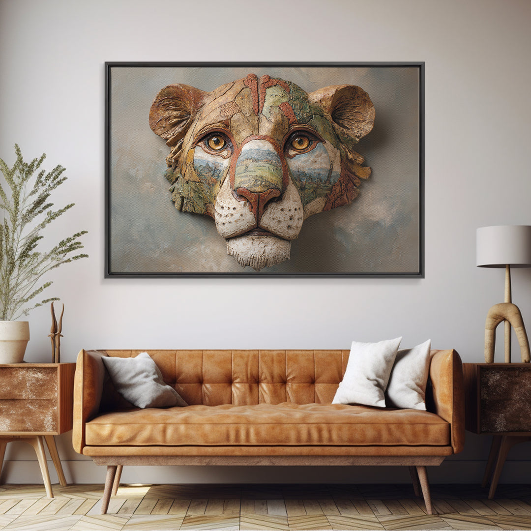 Lion Mask Abstraction Canvas Print, Tribal Art, Textured Painting, Living Room Decor, Abstract Art, Tribal, Unique Wall Art, TRI-3x2-44