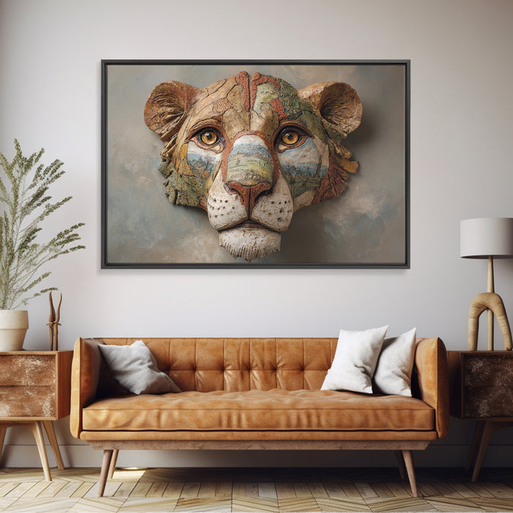 Lion Mask Abstraction Canvas Print, Tribal Art, Textured Painting, Living Room Decor, Abstract Art, Tribal, Unique Wall Art, TRI-3x2-44