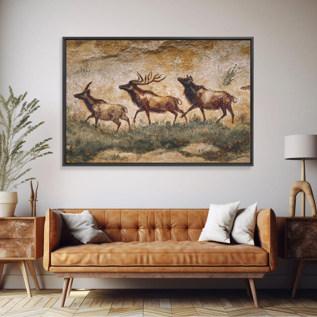 Ancient Cave Art Running Animals Framed Canvas Print, Tribal Art, Wall Art, Living Room Decor, Tribal, Abstract Painting, TRI-3x2-85