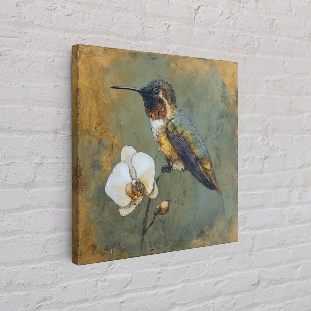 Orchid and Hummingbird Composition Canvas Print, Tropical Art, Trendy Wall Art, Living Room Decor, Tropic, Luxury Decor, TRO-1x1-10