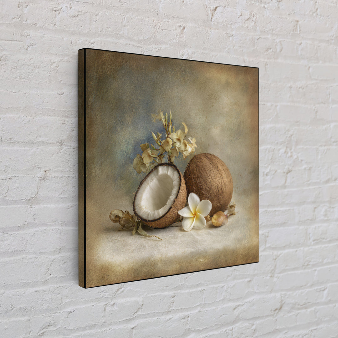 Coconut and Plumeria Still Life Framed Canvas Print, Tropical Art, Decor, Living Room Decor, Fine Art, Tropic, Bird Art, TRO-1x1-12