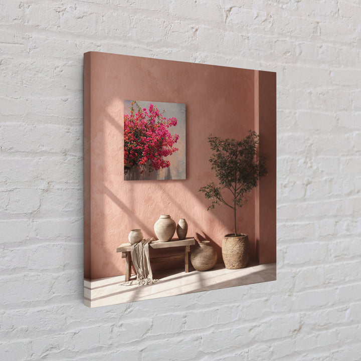 Pink Bougainvillea over White Wall Framed Canvas Print, Tropical Art, Bird Art, Living Room Decor, Watercolor Art, Tropic, TRO-1x1-16