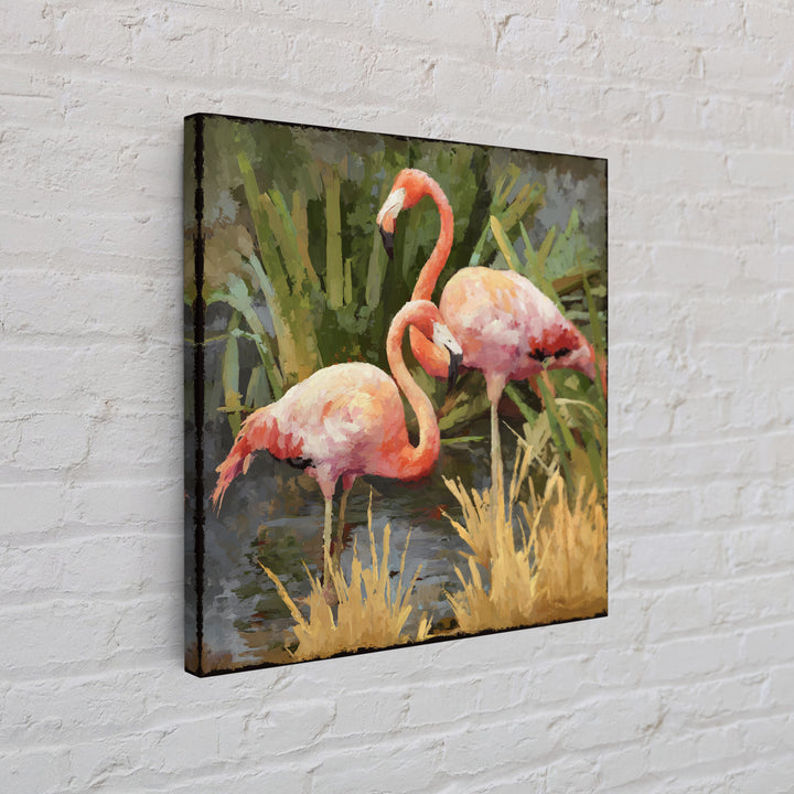 Pink Flamingos Among Tropical Water Plants Framed Canvas Print, Tropical Art, Beach Wall Art, Living Room Decor, Tropic, TRO-1x1-2