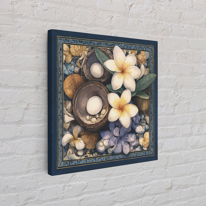 Coconut and Plumeria Still Life Canvas Print, Tropical Art, Printable Wall Art, Living Room Decor, Watercolor Art, Tropic, TRO-1x1-36