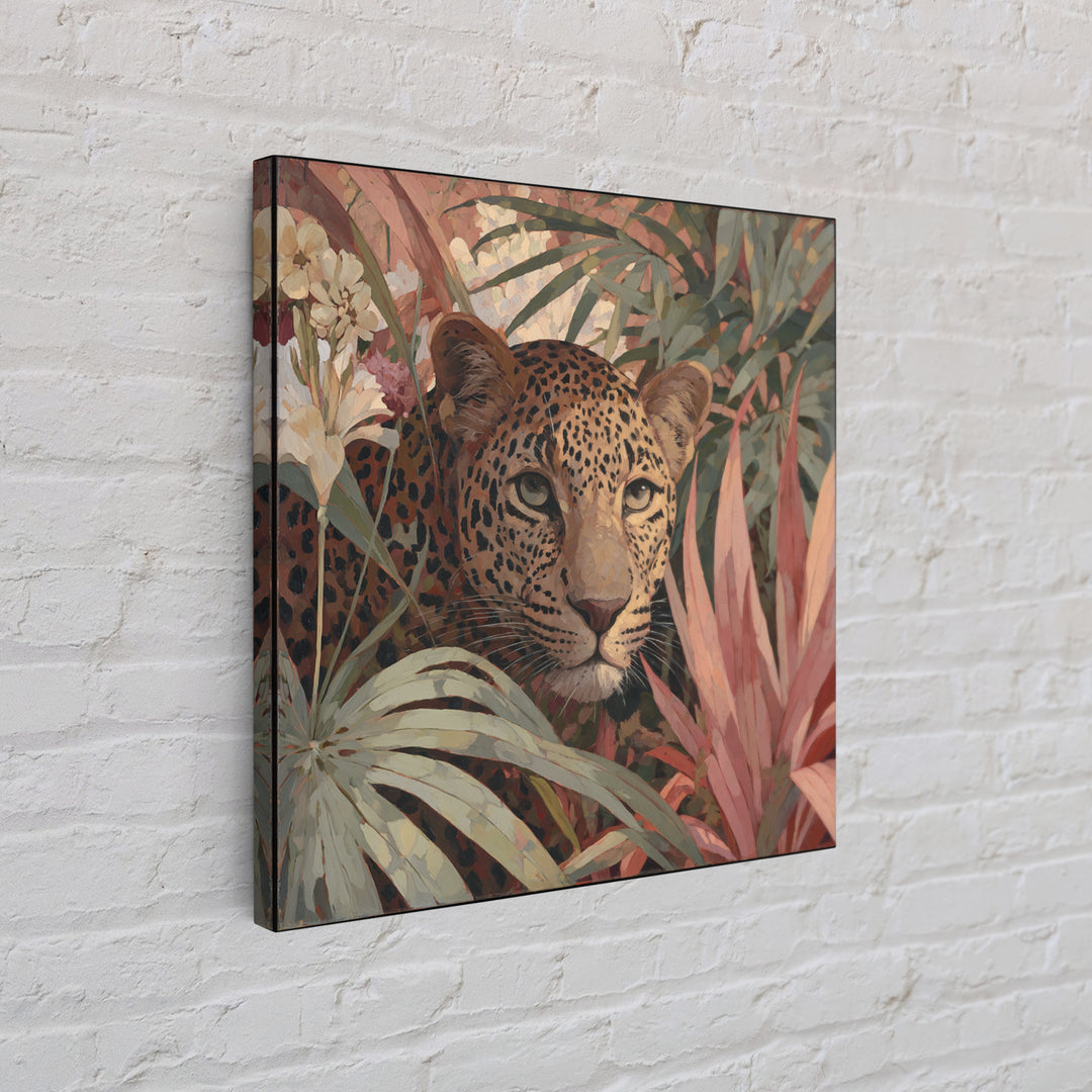 Leopard Hidden Among Palm Leaves Framed Canvas Print, Tropical Art, Gallery Decor, Living Room Decor, Fine Art, Tropic, TRO-1x1-38